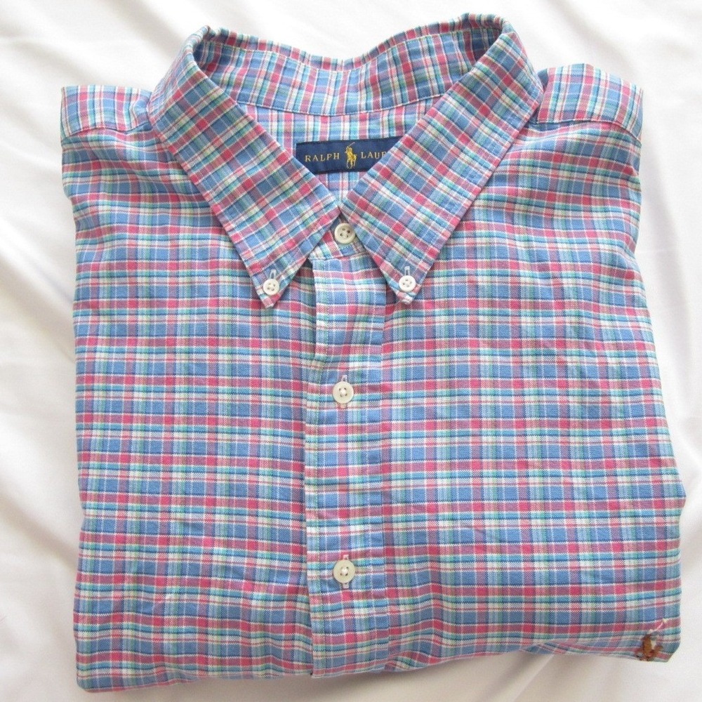 Ralph Lauren Mens 4XLT Tall Plaid OCBD Shirt Blue Pink Cotton Long Sleeve (M454)